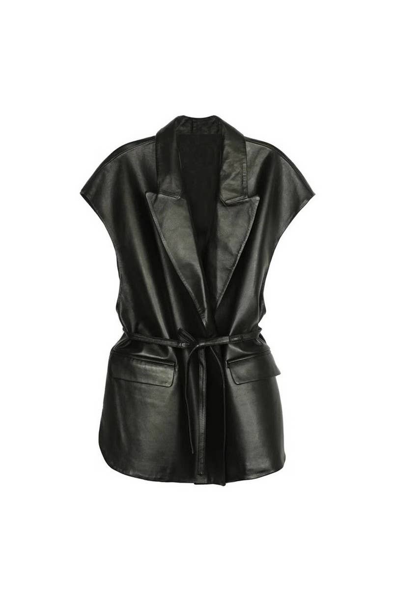 CWOV0790_SUIT COLLAR LEATHER SLEEVELESS LACE-UP VEST COAT