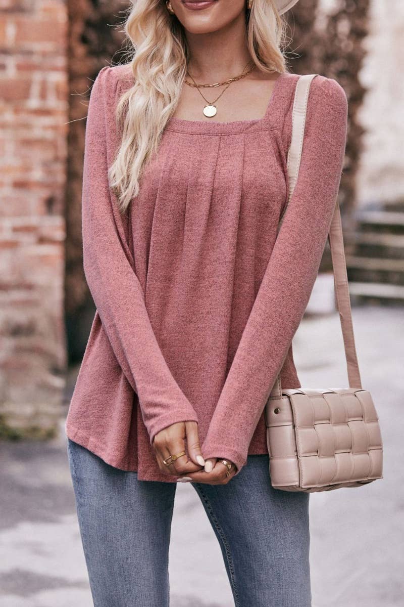 CWTBLL2738_SQUARE-NECK PLEATED LONG-SLEEVED TOP