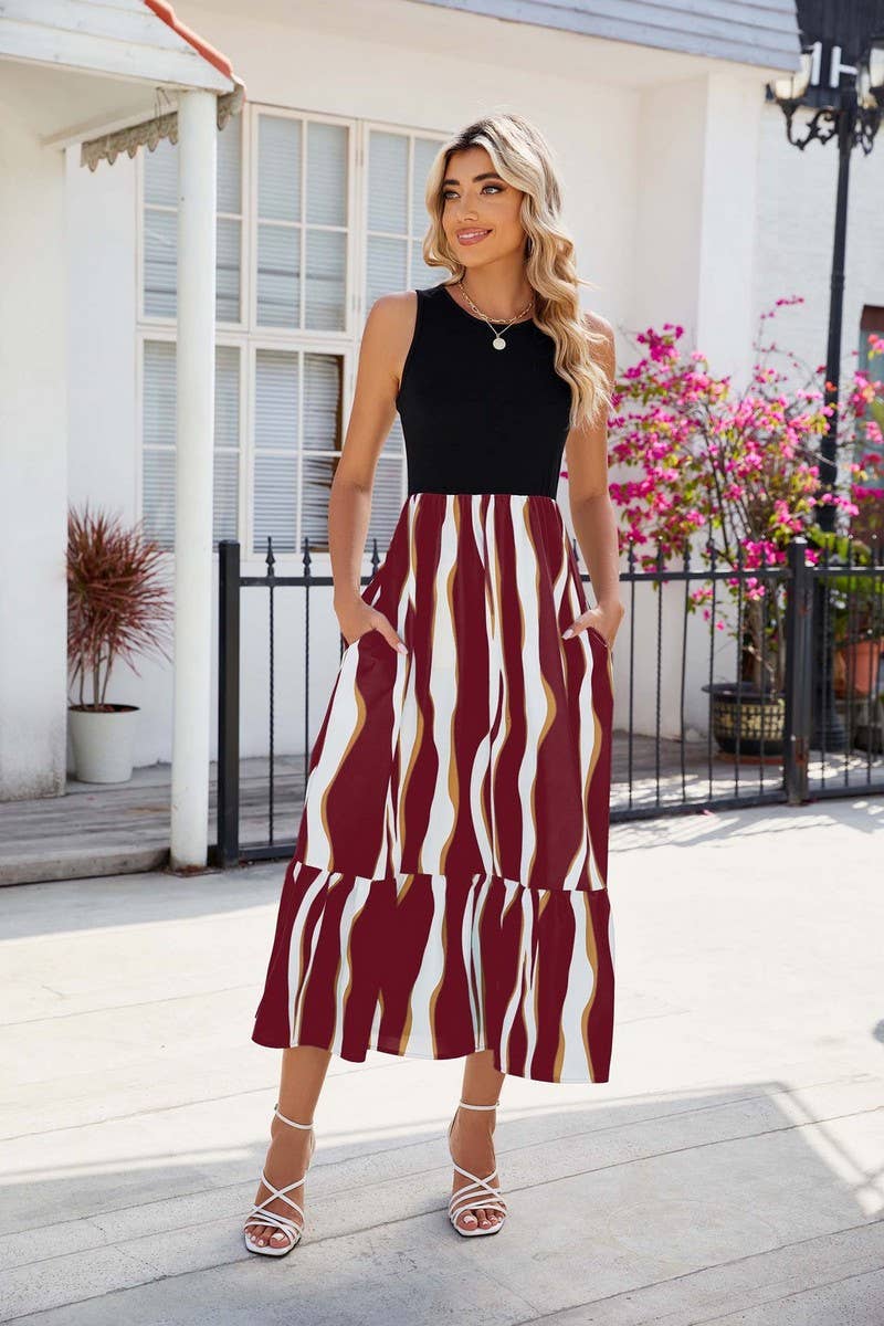 CWDMD1393_Round Neck Sleeveless Contrast Dress