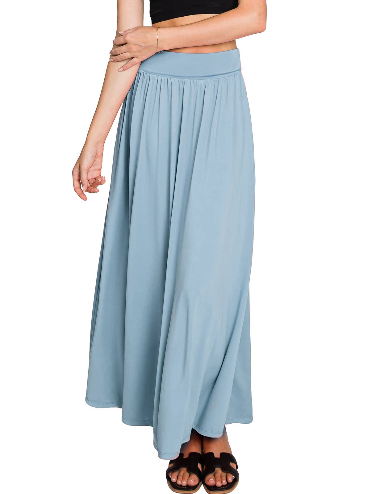 AWBLS089_High Waist Elastic Closure Gather Maxi Skirt