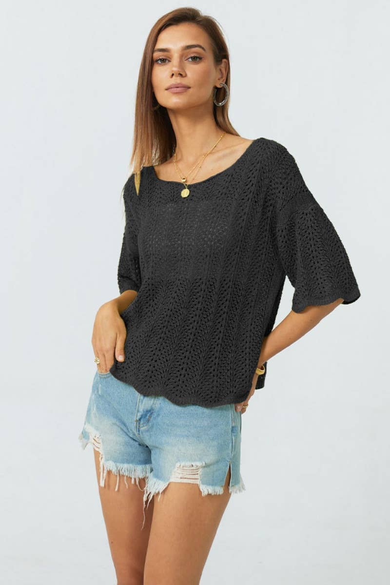 CWTBLS0759_KNITTED CREW NECK HOLLOWED OUT SHORT JACKET