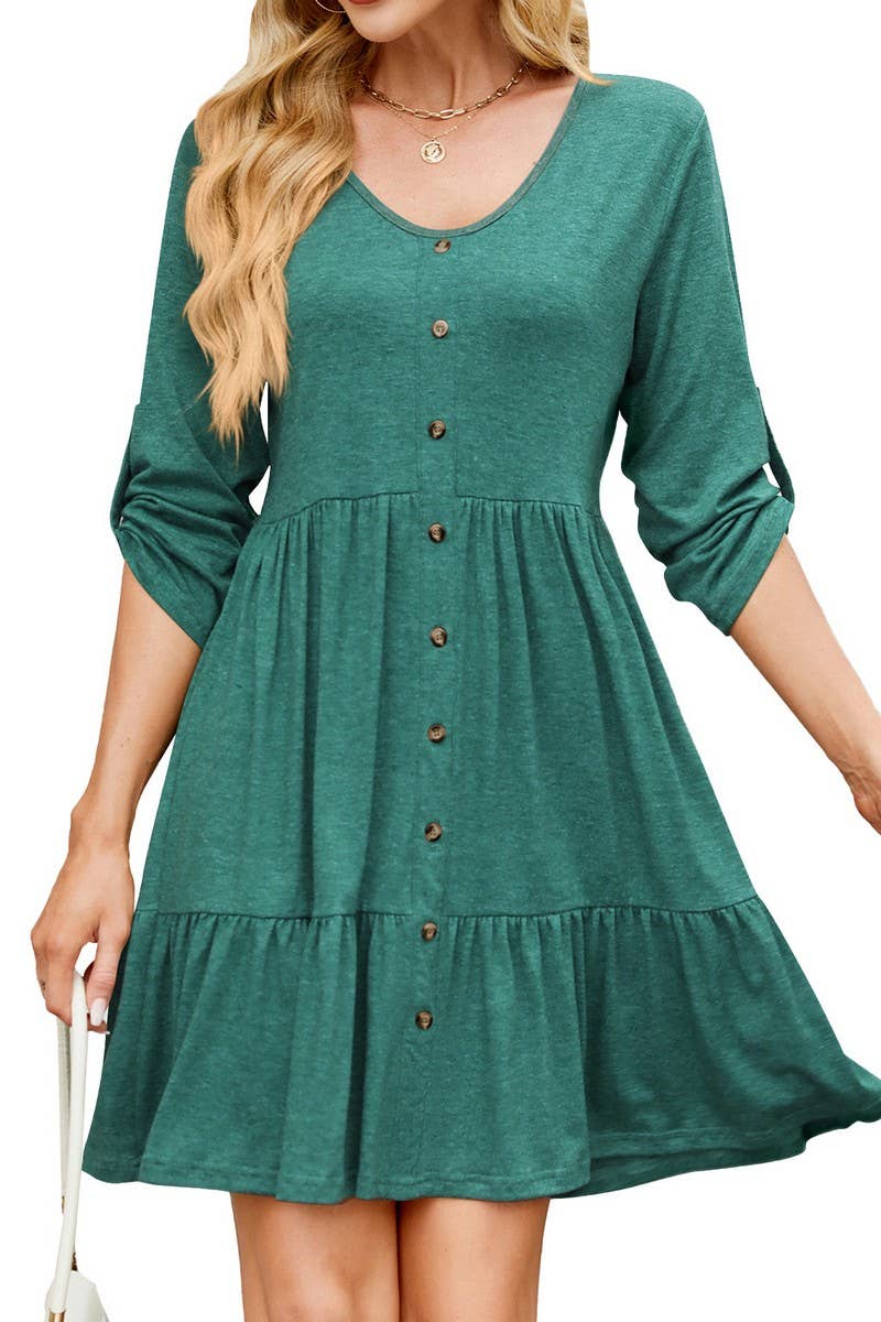 CWDSD8716_V-NECK LONG SLEEVE BUTTON FRONT LOOSE SOLID DRESS