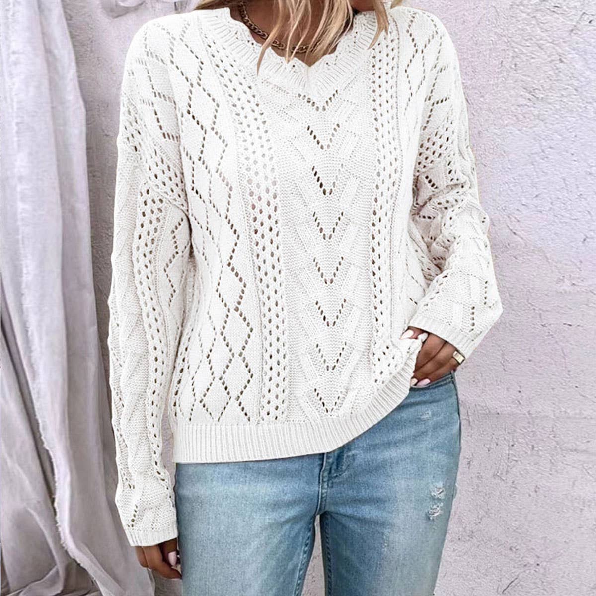 DESIGN HOLLOW-OUT V-NECK ALL-MATCH SWEATER