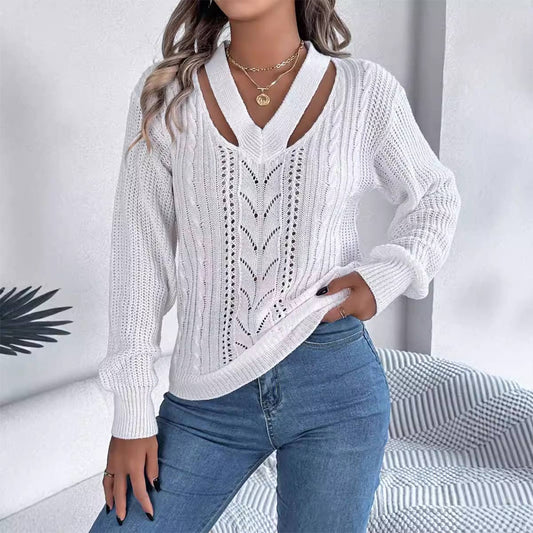 CASUAL CUTOUT V-NECK TWIST PULLOVER SWEATER