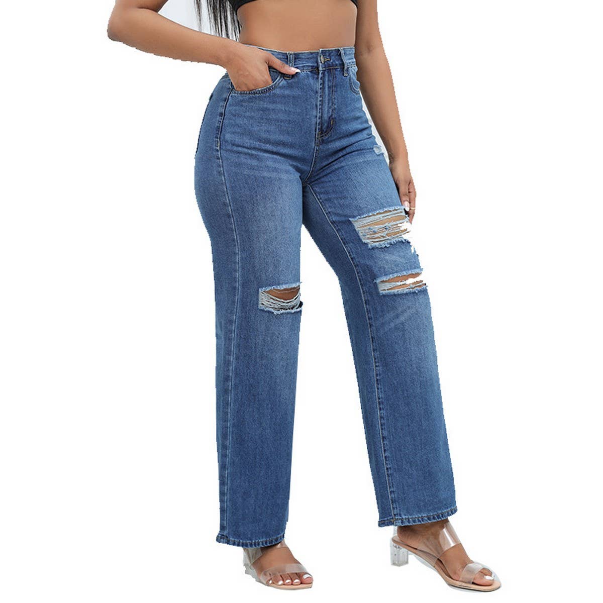 WOMENS WASHED HOLE BELL BOTTOMED PANTS JEANS_CWJP0166