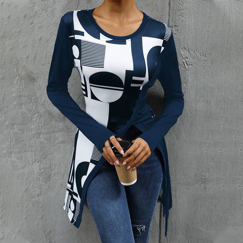 ELEGANT GEOMETRIC PRINT SLIM SLIT T-SHIRT