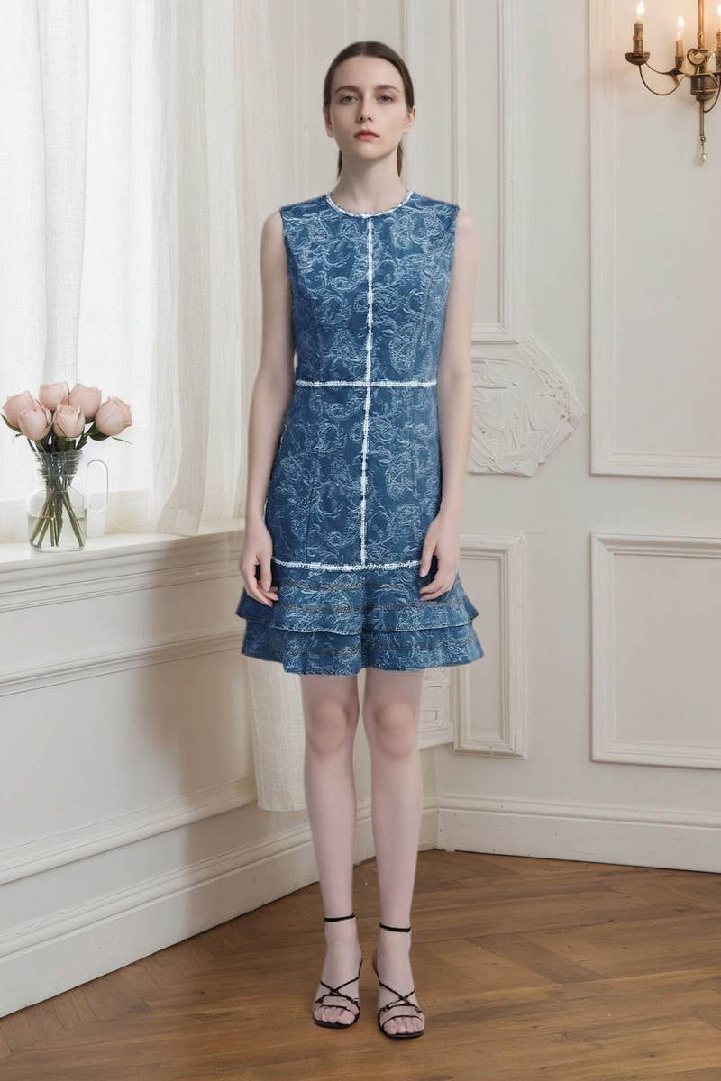 CWDSD8819_BLUE AND WHITE PRINTED DENIM SLEEVELESS DRESS