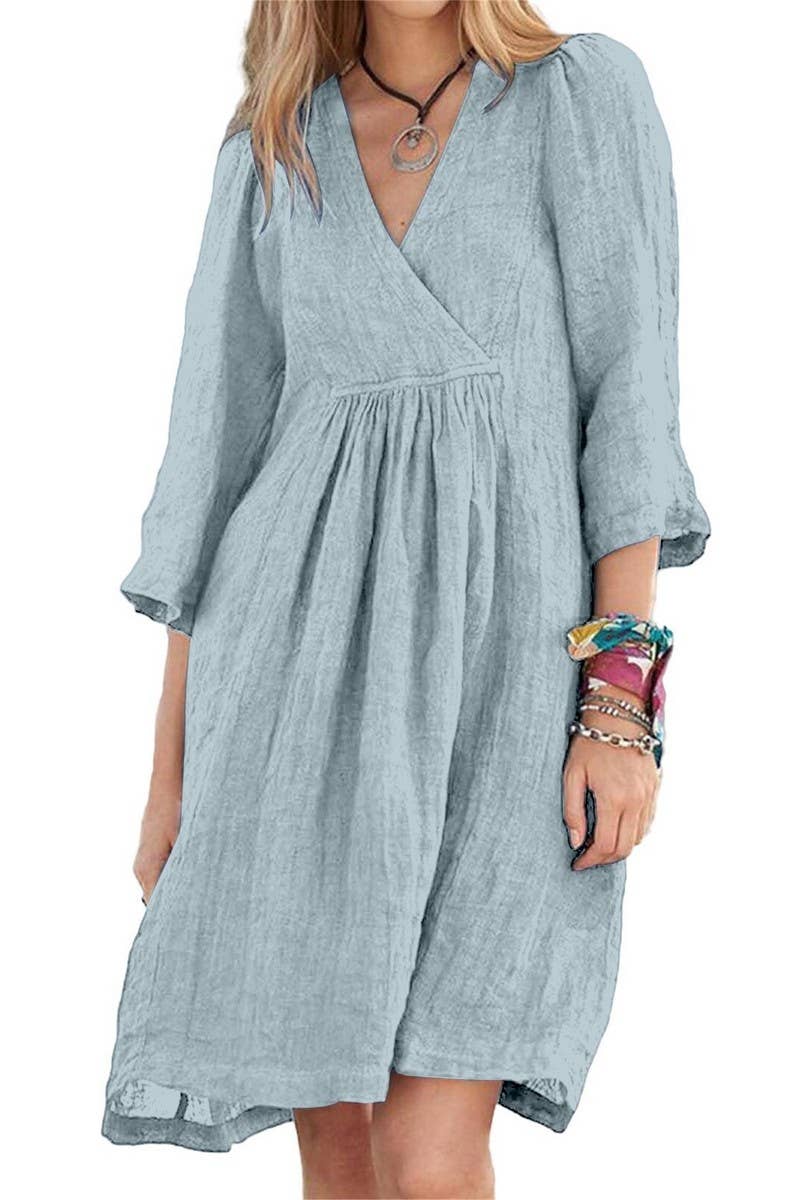 CWDSD10628_V-NECK CROSS-SLEEVE LOOSE CASUAL DRESS