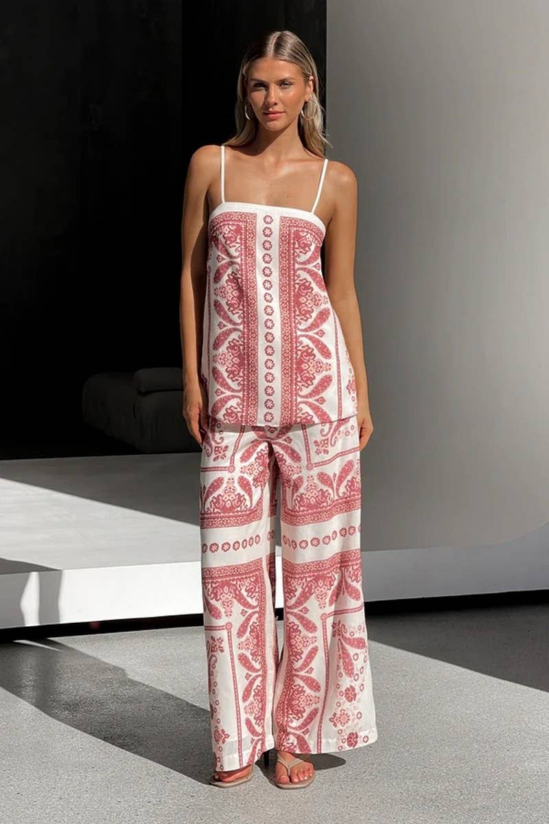 CWSS1254_CASUAL SUSPENDER TOP + WIDE-LEG STRAIGHT PANTS SET