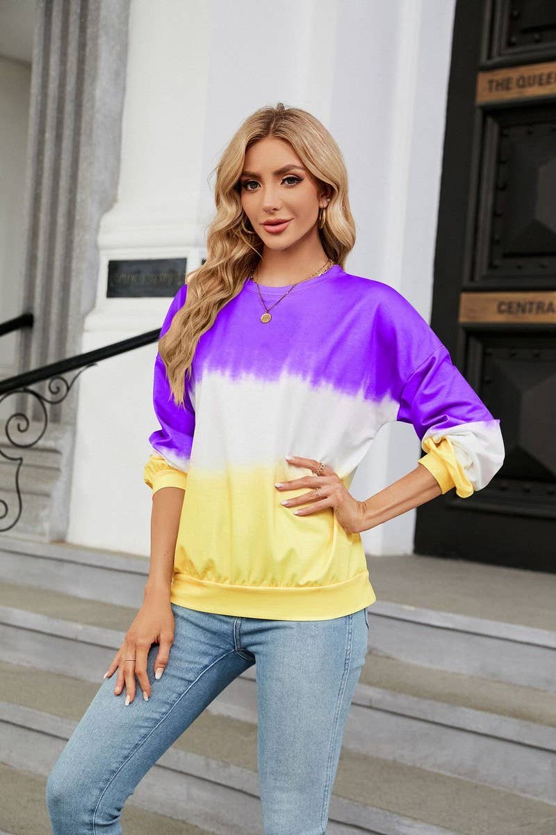 CWTBLL2414_TIE-DYE CONTRAST COLOR CREW NECK LONG SLEEVE TOP