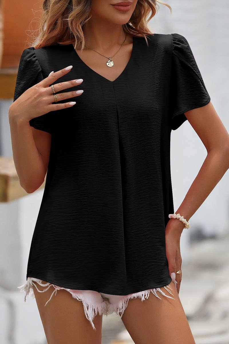 CWTBLS0317_V Neck Ruffle Short Sleeve Blouse