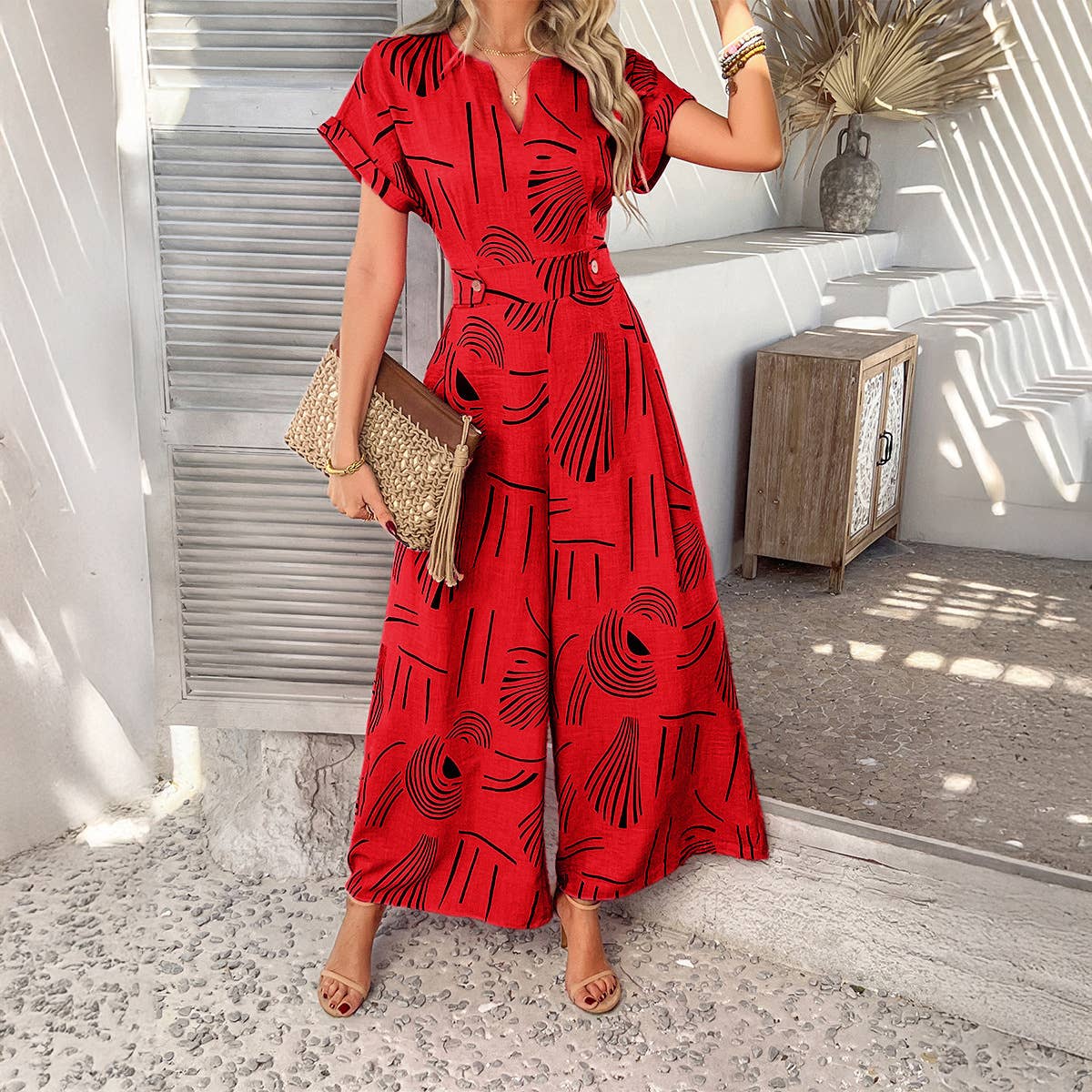 Casual holiday style wide leg one-piece trousers