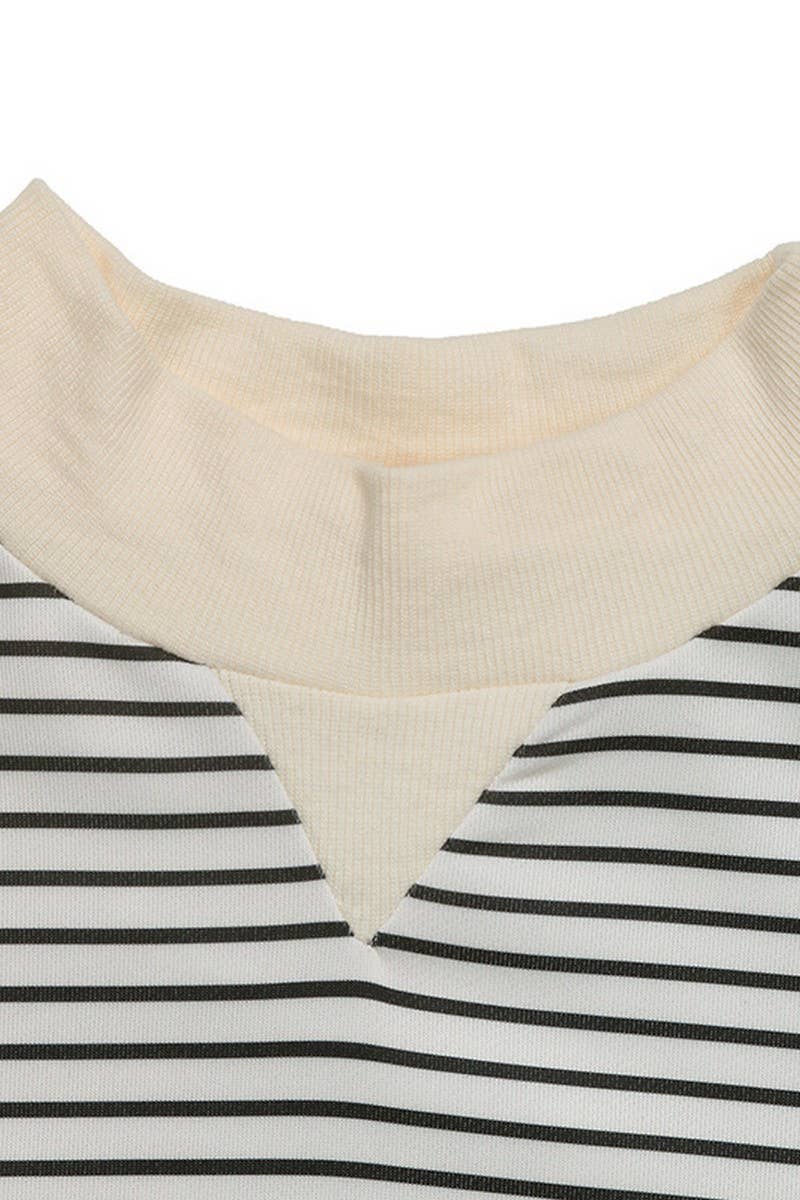 CWTBLL3741_ROUND NECK STRIPED PATCHWORK FAKE TWO-PIECE TOP