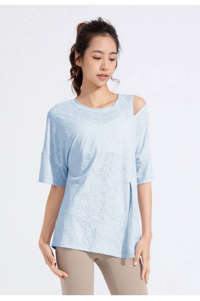 CWTBLS1470_JACQUARD CUTOUT SHORT SLEEVE RUNNING TOP