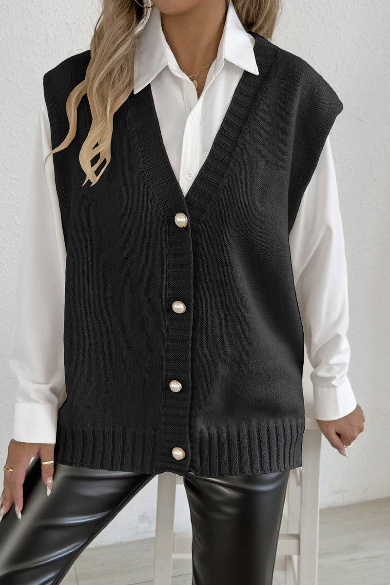 CWOJA00764_WOMEN PEARL BUTTON KNIT VEST CARDIGAN