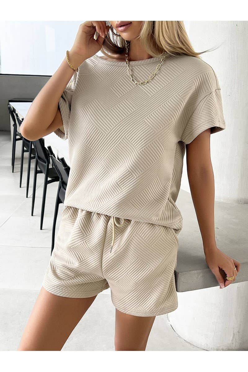 CWSTB0669_KNIT CREW NECK SHORT SLEEVED SHORTS CASUAL SET