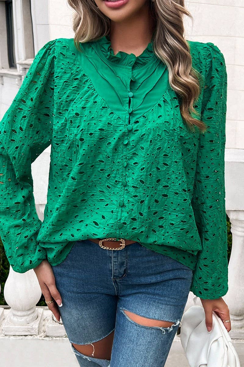 CWTSTL2732_ELEGANT HOLLOW PUFF SLEEVE EMBROIDERED TOP