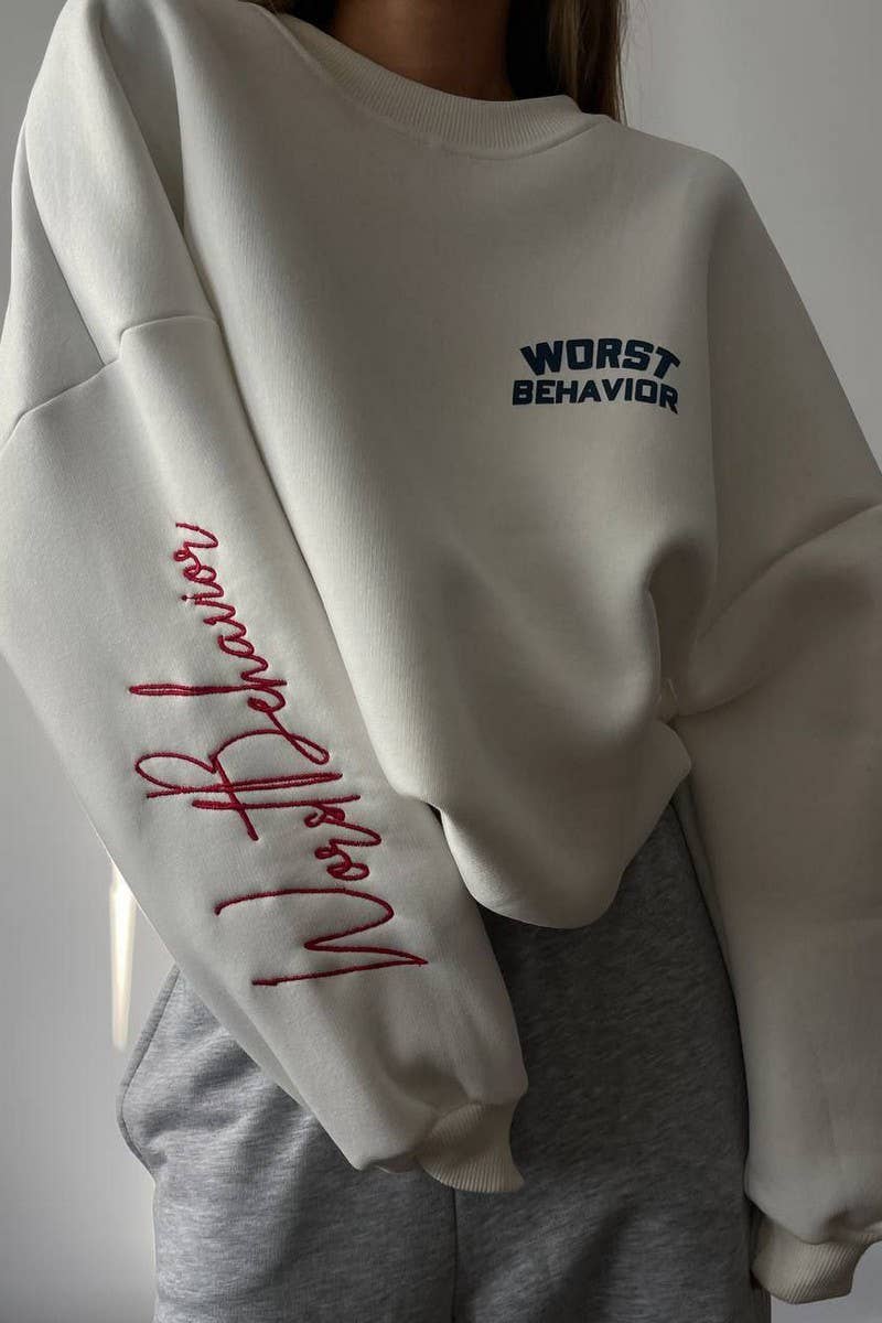 CWTBLL3448_CONTRAST COLOR LETTERING EMBROIDERED SWEATSHIRT