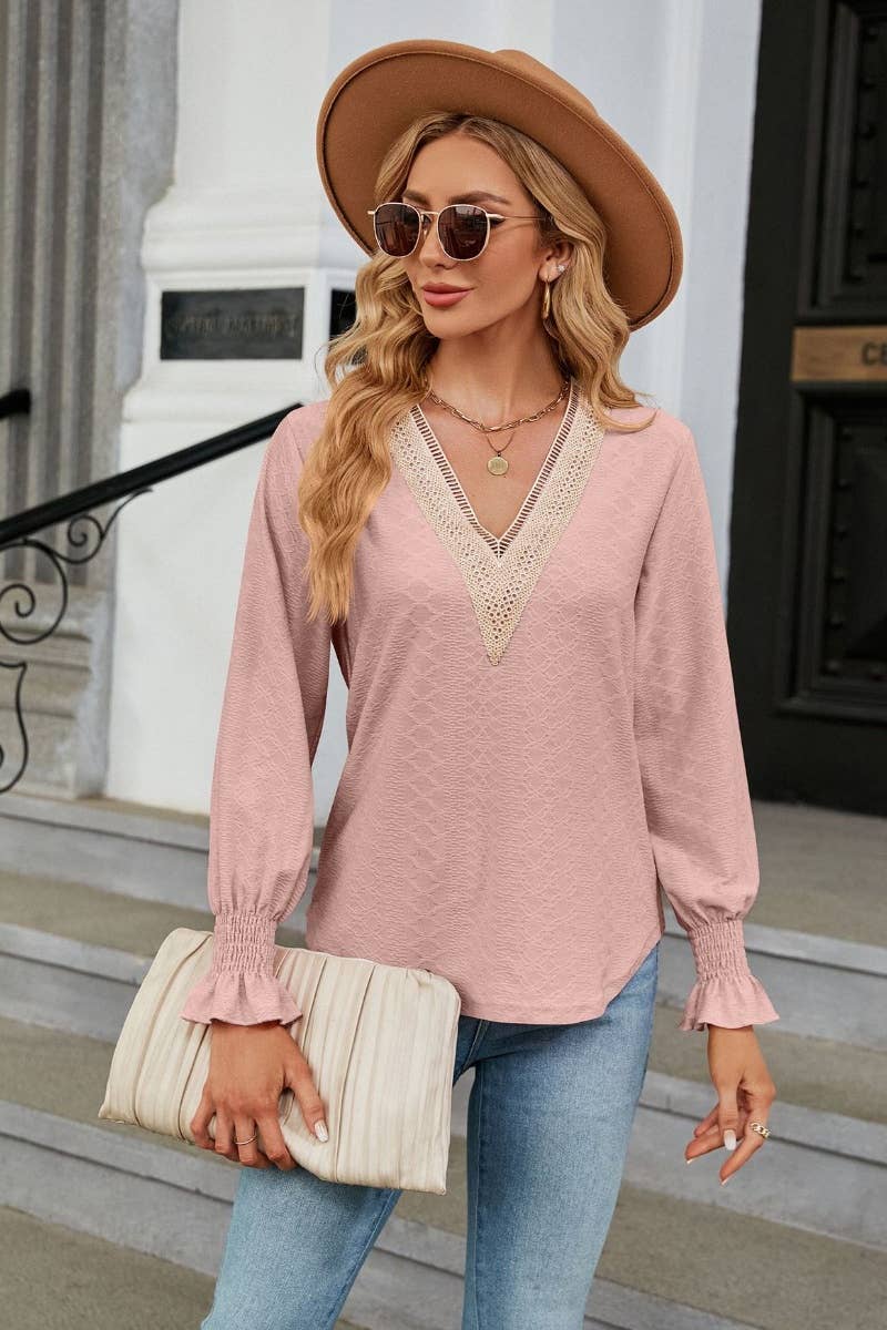 CWTBLL2822_LACE LACE PATCHWORK V-NECK LONG SLEEVE TOP