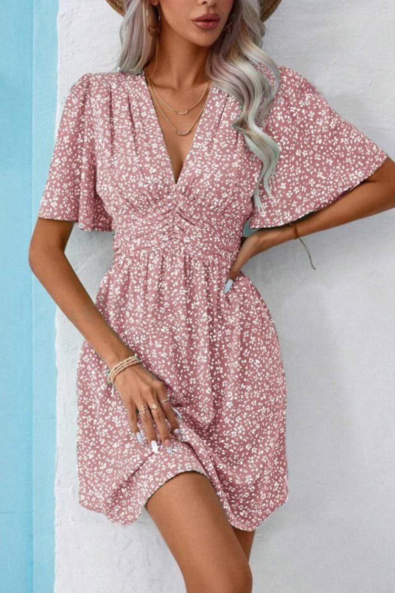 CWDSD8398_DEEP V RUFFLE SLEEVE FLORAL RUCHED VACATION DRESS