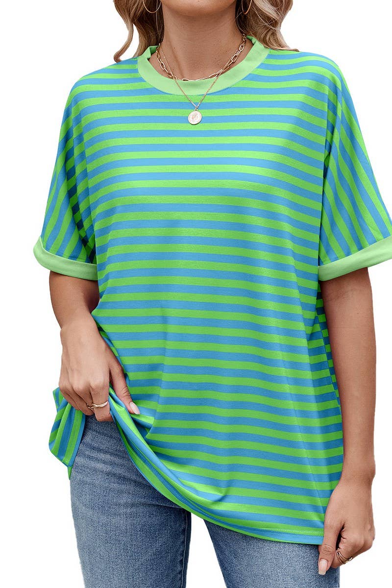 CWTTS1343_SUMMER STRIPED CONTRAST LOOSE SHORT SLEEVES