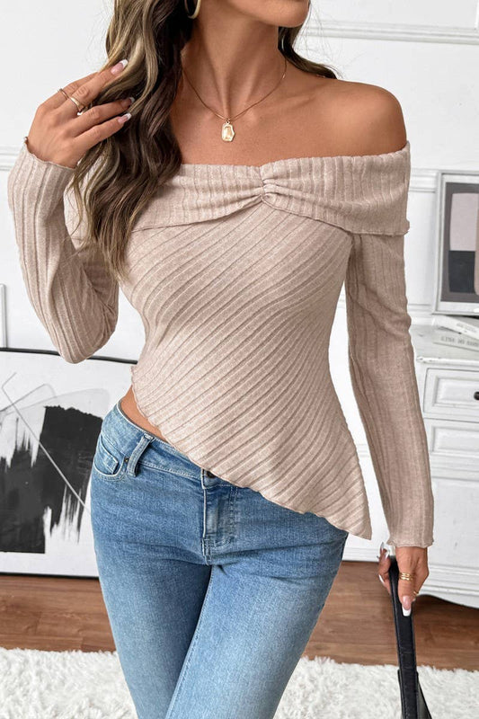 CWTBLL00753_SOLID COLOR LONG-SLEEVED IRREGULAR NECKLINE TOP