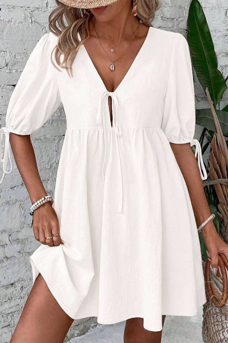 CWDSD8449_DEEP V TIE FRONT LOOSE A-LINE WOVEN DRESS