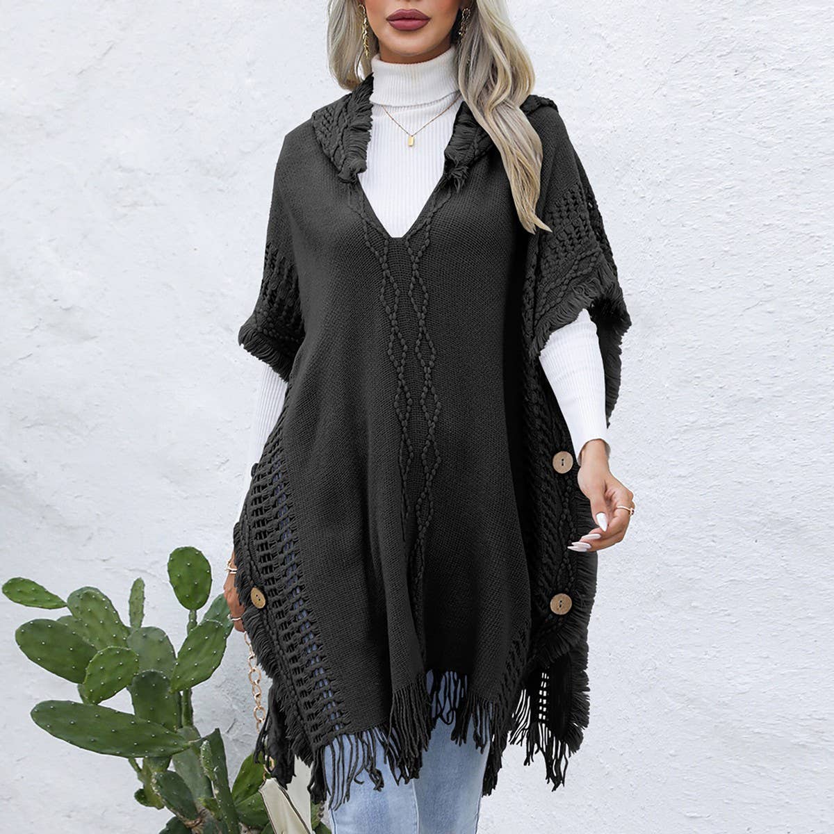 Casual loose V tie hat pullover cape coat