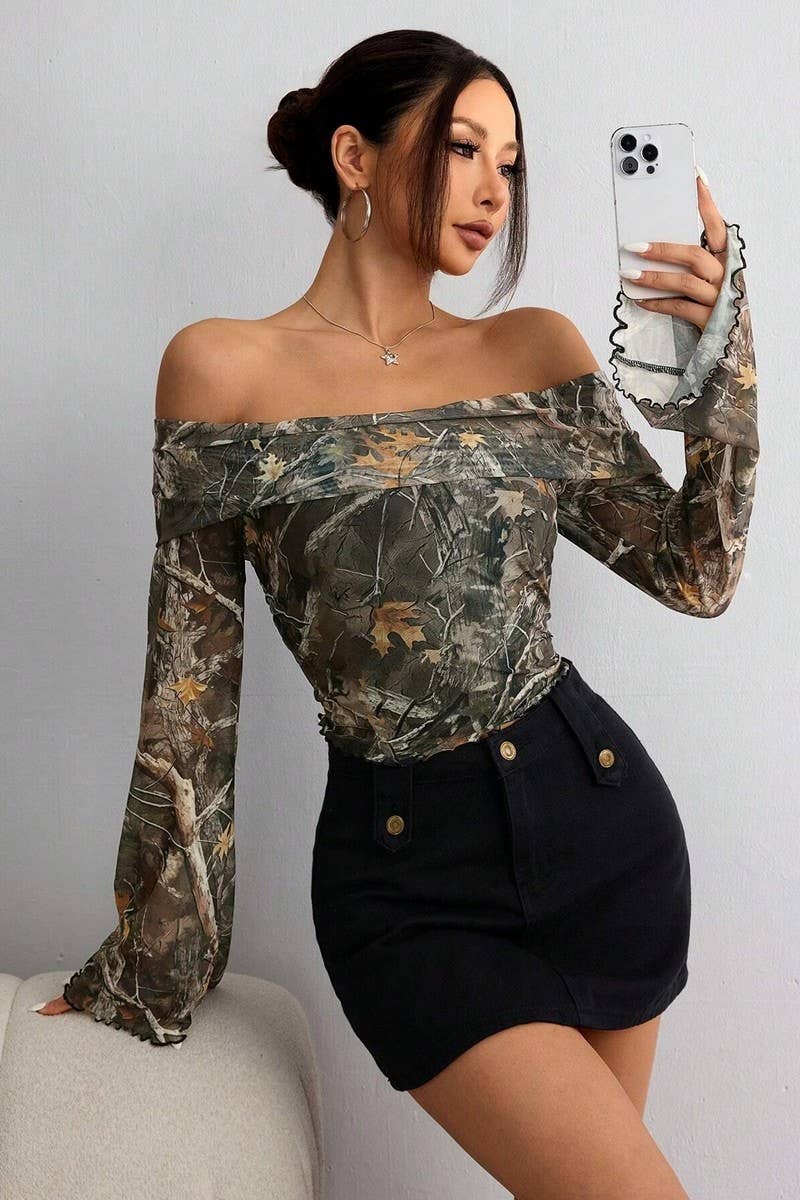 CWTBLL3470_MESH PRINTED OFF-SHOULDER LONG SLEEVE T-SHIRT TOP