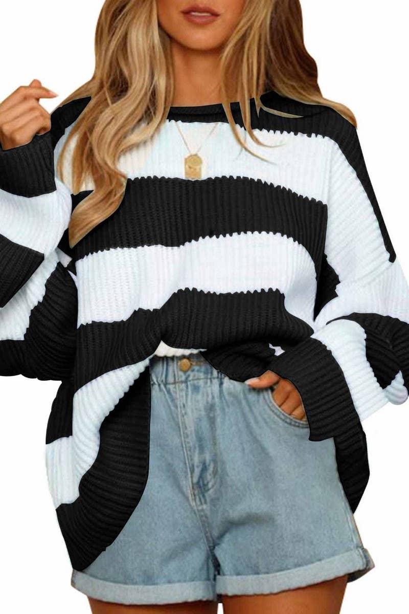 CWOSWL5734_STRIPED LOOSE CREW NECK LONG SLEEVE SWEATER TOP