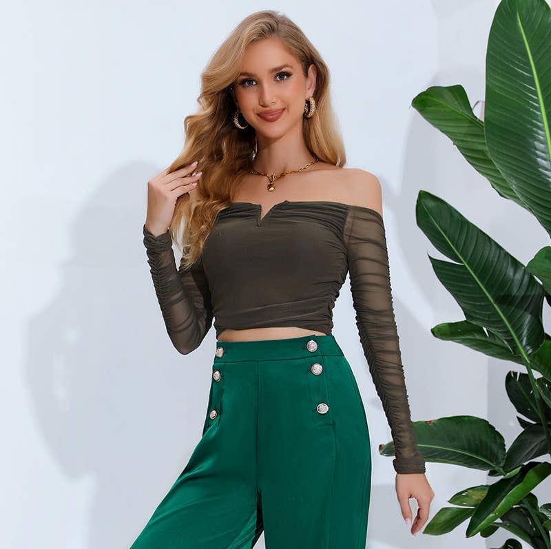 Crop short slim-fit mesh one-shoulder T-shirt