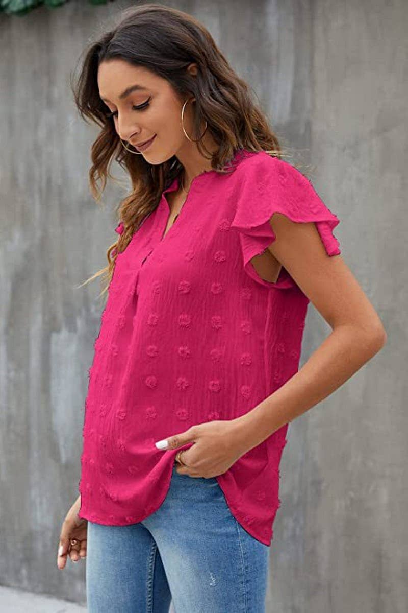 CWTBLS0606_V-NECK RUFFLED SLEEVE CHIFFON SHORT-SLEEVED TOP