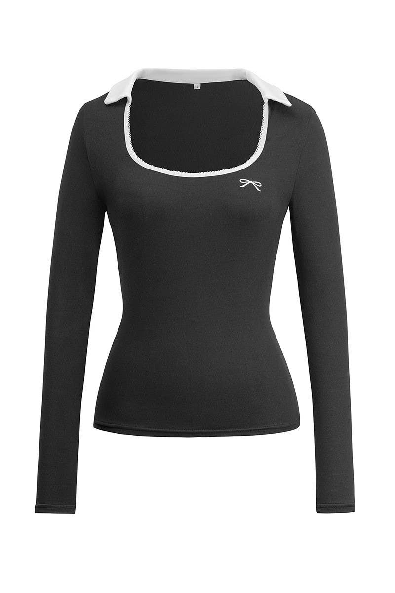 CWTBLL3602_SLIM FIT U-NECK SOLID COLOR KNIT LONG SLEEVE TOP