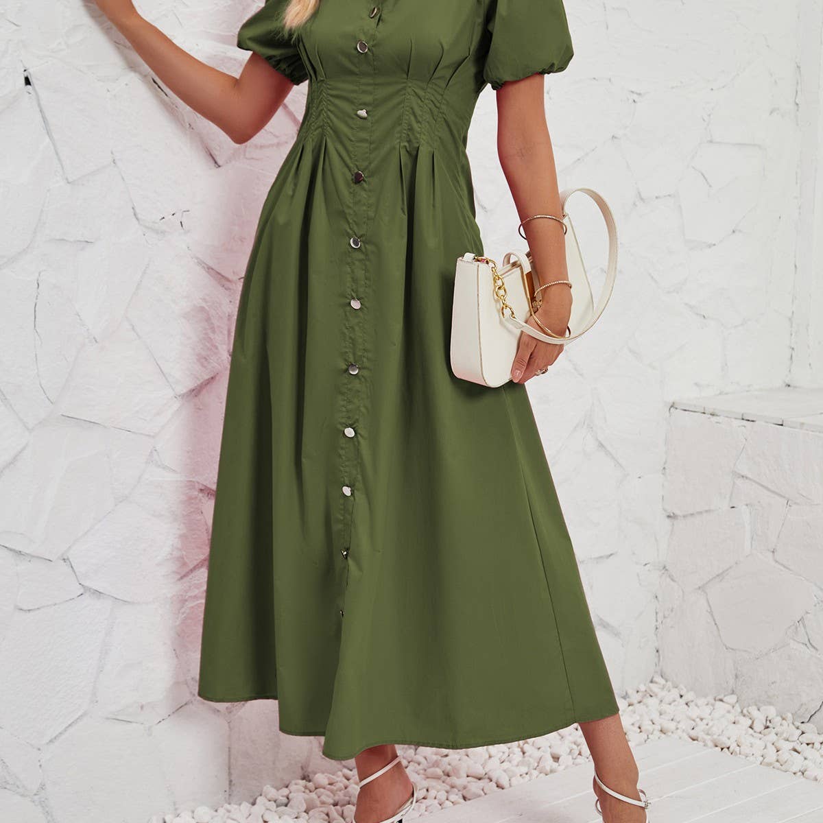 Button-down waist cotton shirt dress