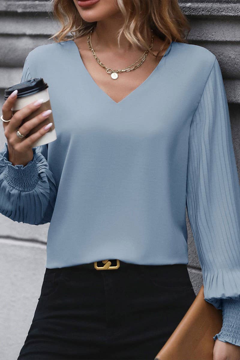 CWTBLL1722_V-NECK SOLID COLOR LONG SLEEVE SHIRT