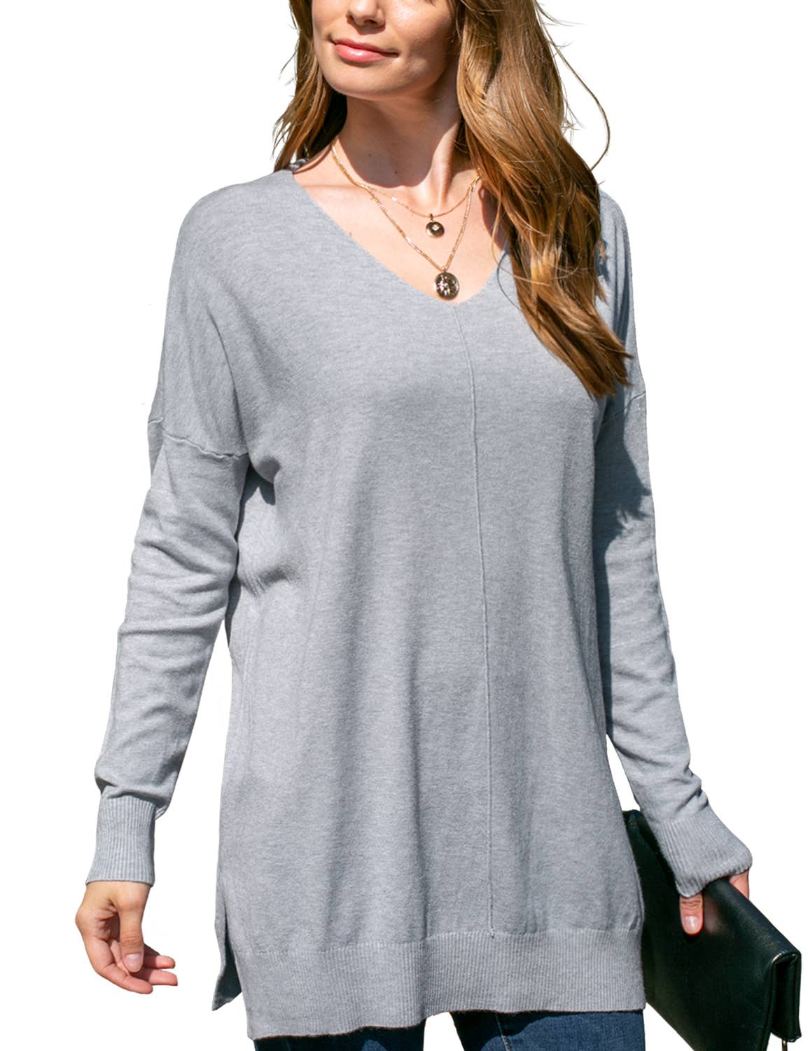 CWOSWL1826_V NECK LOOSE FIT TUNIC LENGTH SOFT SWEATER TOP