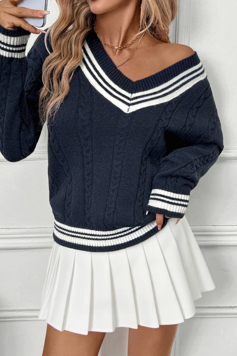 CWOSWL07133_V NECK CABLE KNIT COLORBLOCK PULLOVER SWEATER