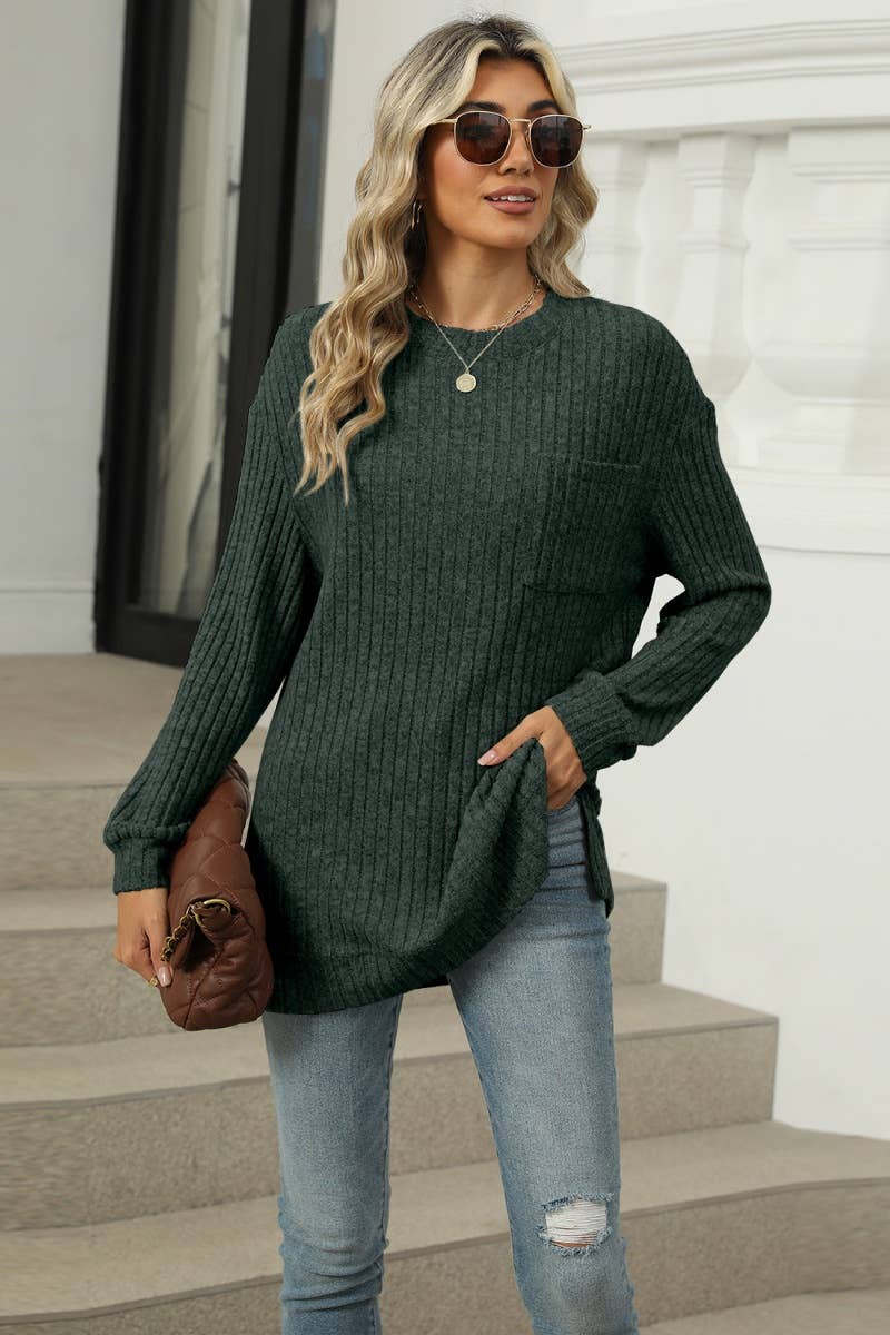 CWOSWL6608_WINTER POCKET CREW NECK LONG-SLEEVED SWEATER