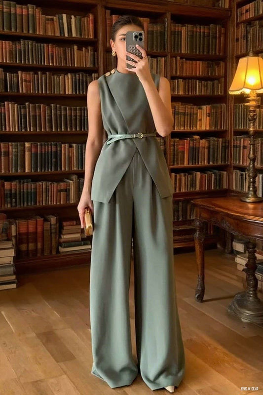 CWSTB2156_SLEEVELESS CREW NECK TOP & WIDE-LEG PANTS SET