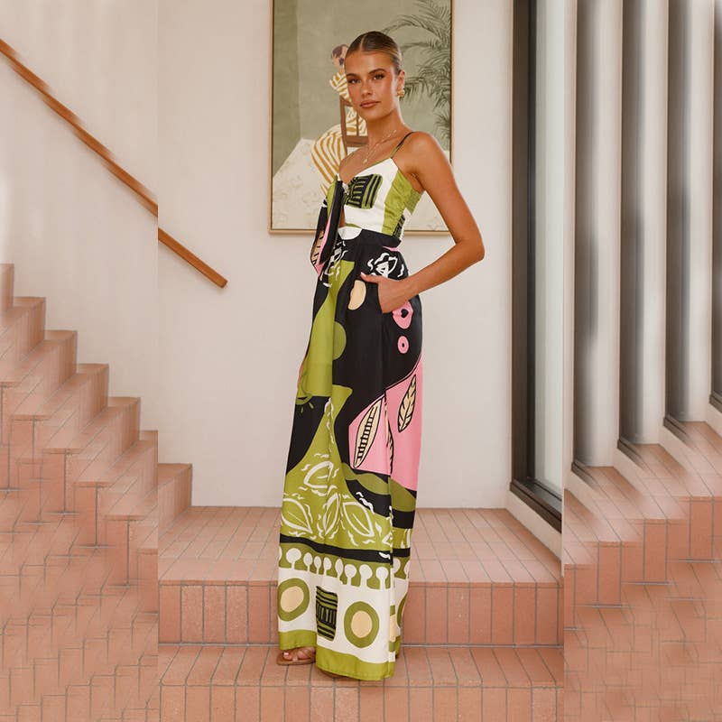 Casual fashion print straight-leg jumpsuit