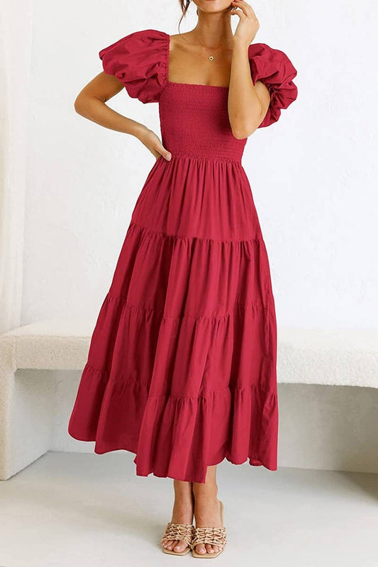 CWDTD0360_SQUARE NECK OFF SHOULDER PUFF SLEEVE DRESS