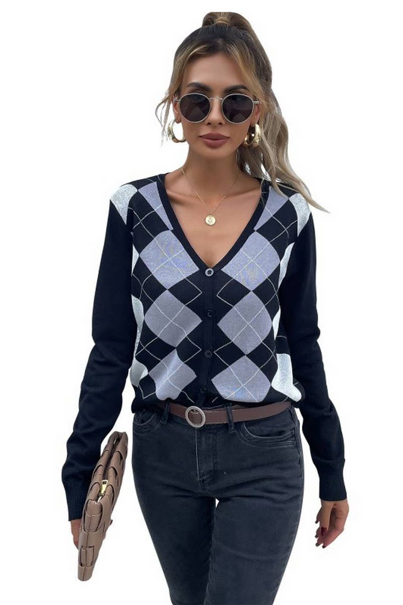CWOSWL2180_LONG SLEEVE VINTAGE PLAID V-NECK KNIT CARDIGAN