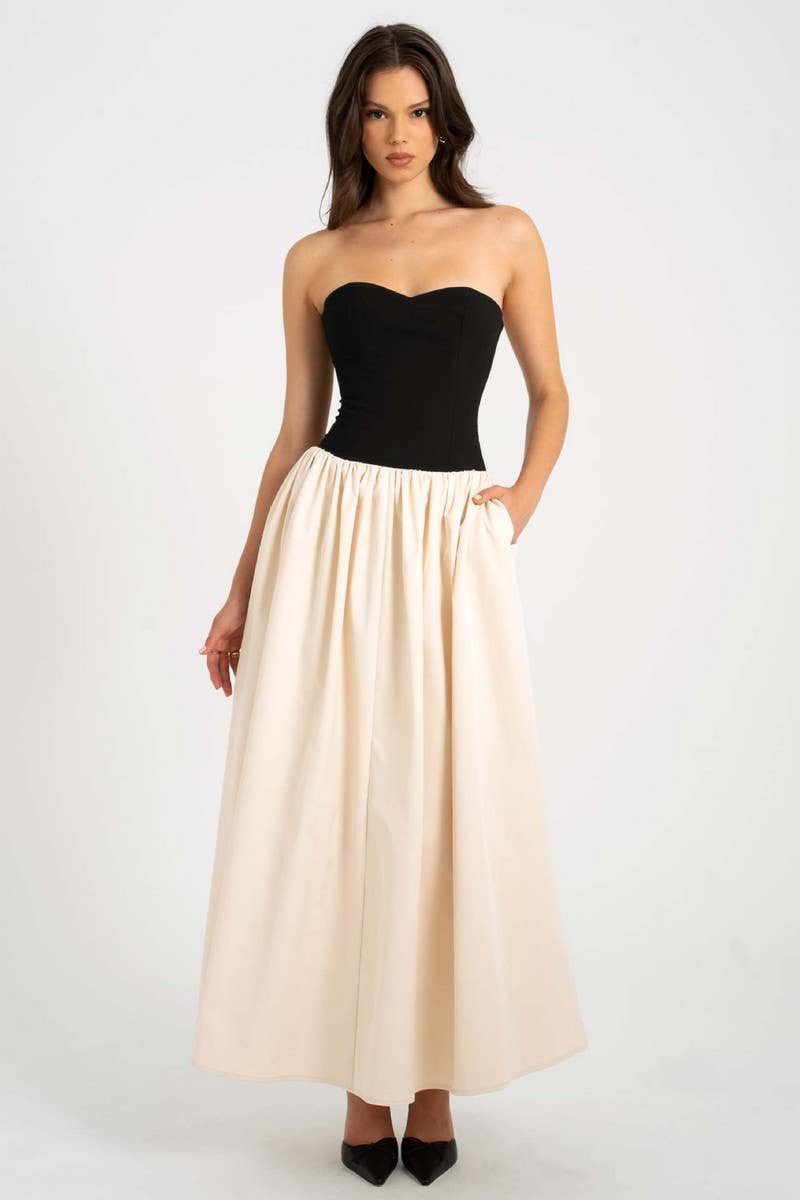 CWDMD6298_SUMMER CONTRAST COLOR TUBE TOP SLEEVELESS DRESS