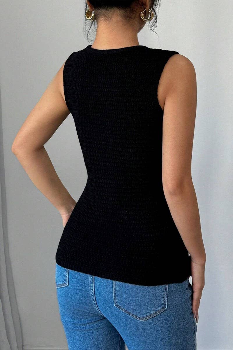 CWOV0792_SOLID COLOR CREW NECK POCKET KNIT VEST