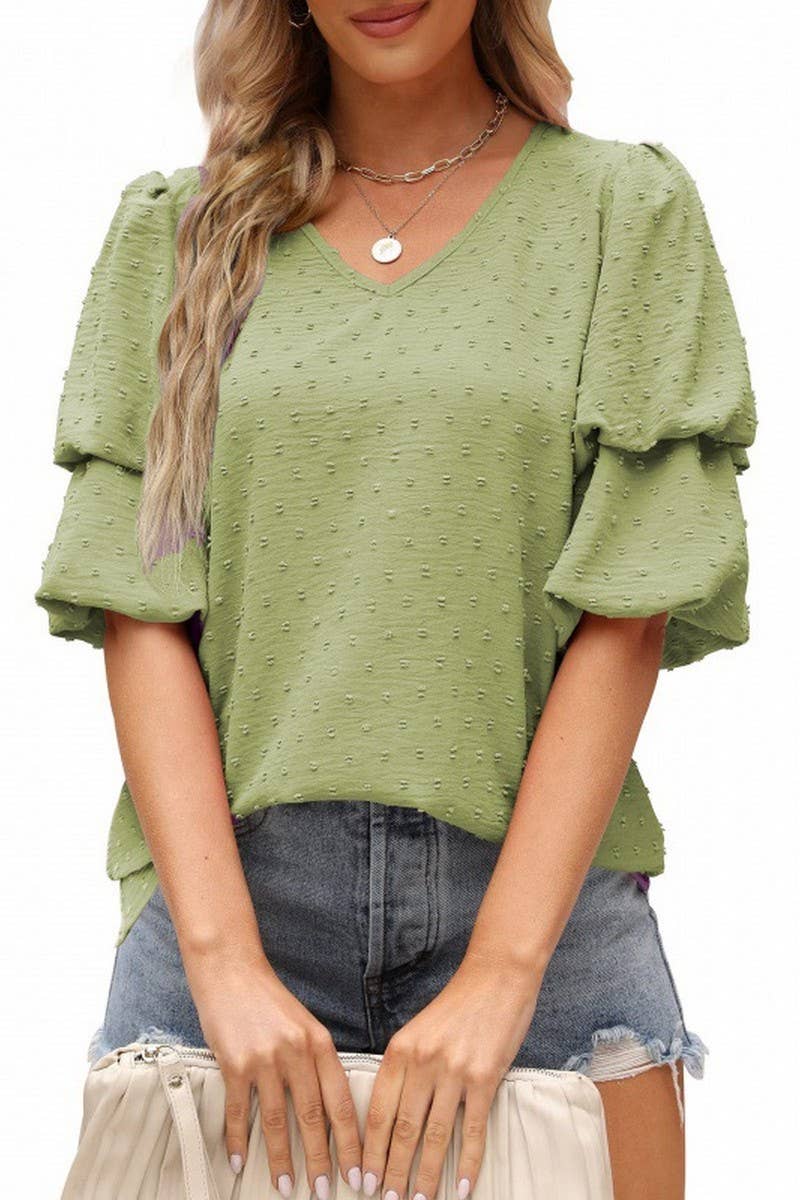 CWTBLS02488_V-NECK LANTERN SLEEVE DOT CHIFFON TOP