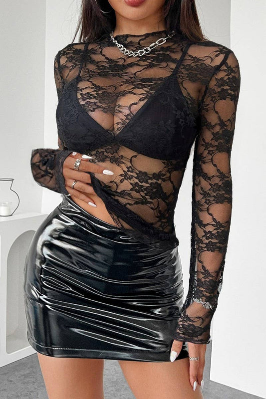 CWTBLL3465_LACE SEE-THROUGH RUFFLED SLIM-FIT LONGSLEEVED TOP