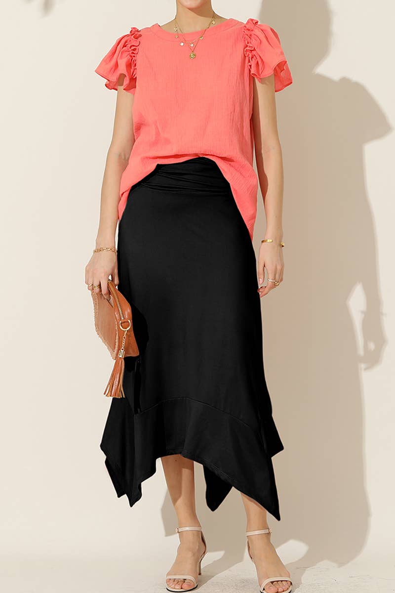 CWBLS088_LONG FLOWY HANDKERCHIEF HEMLINE WAIST SKIRT