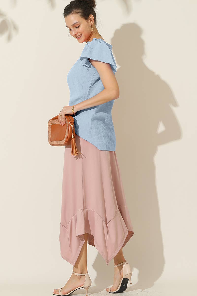 CWTBLS203_R NECK FRILL SHORT SLEEVE BLOUSE TOP