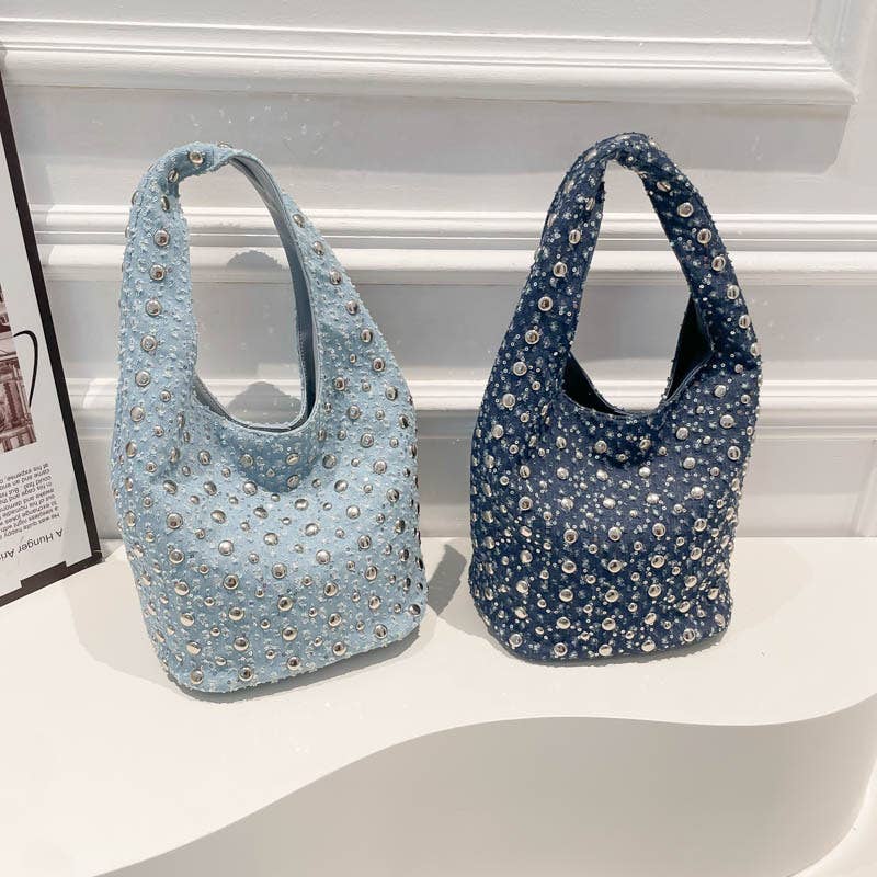 Fashionable riveted denim single-shoulder bag