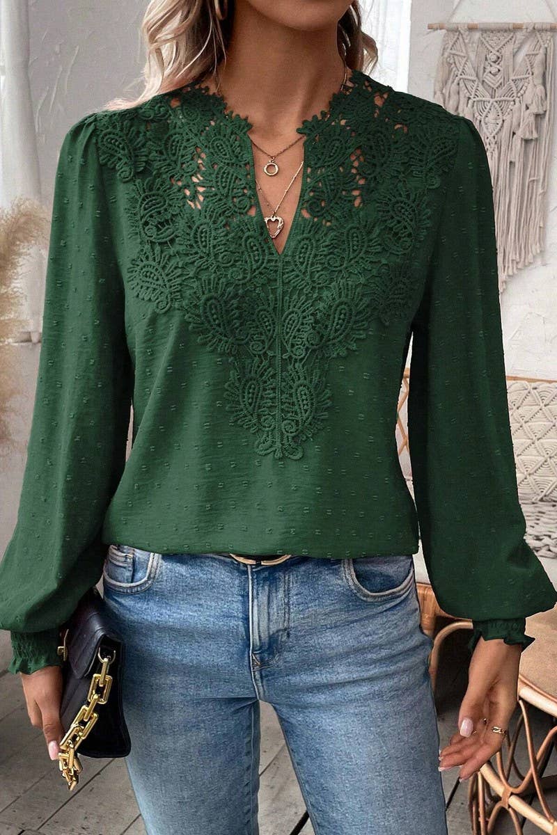 CWTTL2006_V-NECK LACE SOLID COLOR LONG-SLEEVED CASUAL TOP